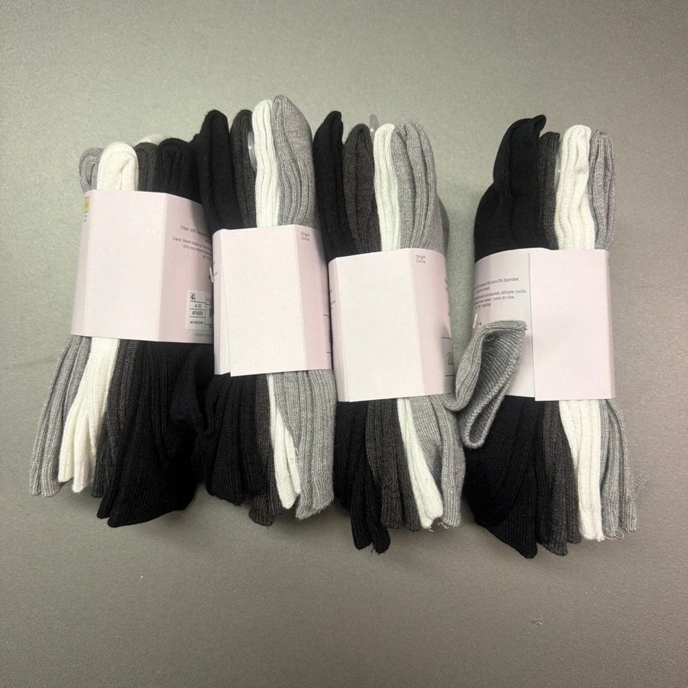 Auden Ribbed Knit Crew Socks 16 Pairs Lot Black White Grey Shoe Size 4-10 NEW
